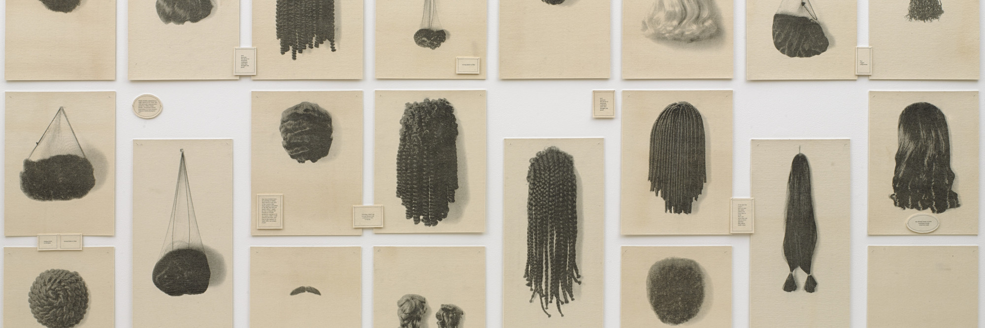 Lorna Simpson. Wigs (Portfolio). 1994. Portfolio of 21 lithographs on felt, with 17 lithographed felt text panels, overall: 6′ × 13′ 6″ (182.9 × 411.5 cm). Purchased with funds given by Agnes Gund, Howard B. Johnson, and Emily Fisher Landau. © 2017 Lorna Simpson. Photo: John Wronn