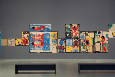 Installation view of Inbox: Clorindo Testa at The Museum of Modern Art, New York. Shown: Clorindo Testa. Habitar, Circular, Trabajar, Recrearse. 1974. Enamel on fiber board. Gift of Andres von Buch, Claudia Quentin, Andrea Woodner, and Committee on Architecture and Design Funds. © 2016 Clorindo Testa. Courtesy of the Estate of Clorindo Testa. Photo: John Wronn
