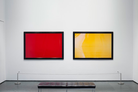 Installation view of Inbox: Andres Serrano from The Abramson Collection. Shown, from left: Andres Serrano. Blood. 1987. Chromogenic color print, 40 × 60″ (101.6 × 152.4 cm). The Abramson Collection. Gift of Stephen and Sandra Abramson. © 2017 Andres Serrano; Andres Serrano. Piss. 1987. Chromogenic color print, 40 × 60″ (101.6 × 152.4 cm). The Abramson Collection. Gift of Stephen and Sandra Abramson. © 2017 Andres Serrano. Photo: Jonathan Muzikar