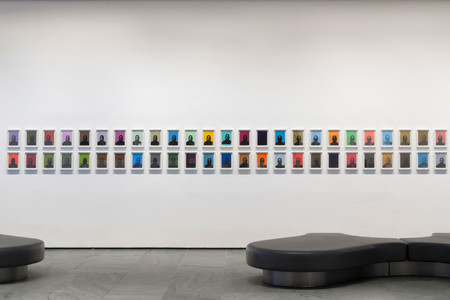 Installation view of Inbox: Glenn Ligon. Shown: Glenn Ligon. Figure. 2001. Set of 50 screenprints, each: 9 × 6″ (22.9 × 15.2 cm). Acquired through the generosity of the Contemporary Arts Council of The Museum of Modern Art, Committee on Drawings and Prints Fund and Lonti Ebers. © 2017 Glenn Ligon. Photo: John Wronn