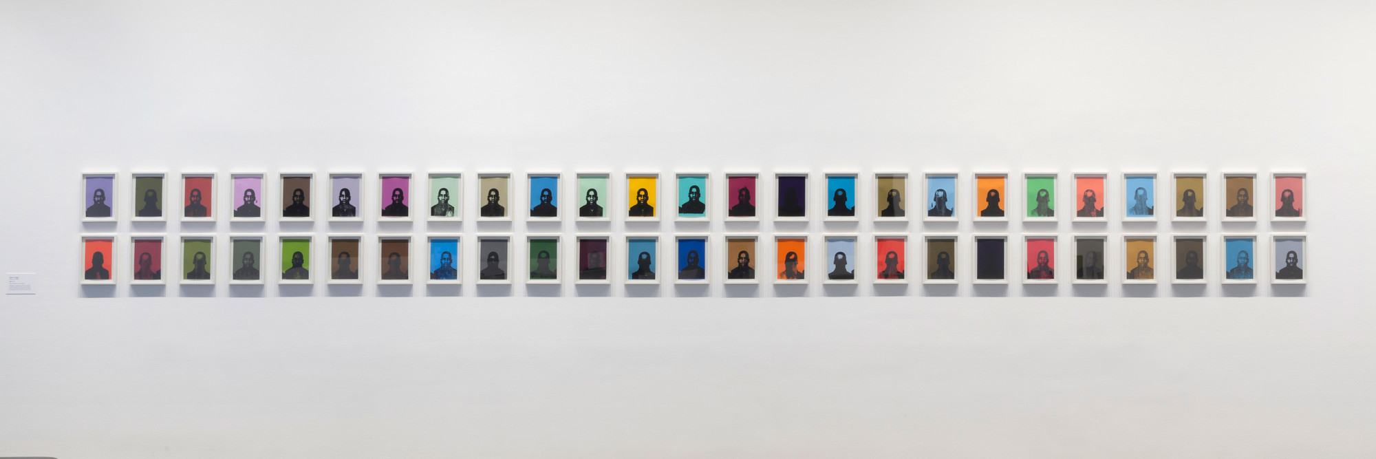 Installation view of Inbox: Glenn Ligon. Shown: Glenn Ligon. Figure. 2001. Set of 50 screenprints, each: 9 × 6″ (22.9 × 15.2 cm). Acquired through the generosity of the Contemporary Arts Council of The Museum of Modern Art, Committee on Drawings and Prints Fund and Lonti Ebers. © 2017 Glenn Ligon. Photo: John Wronn