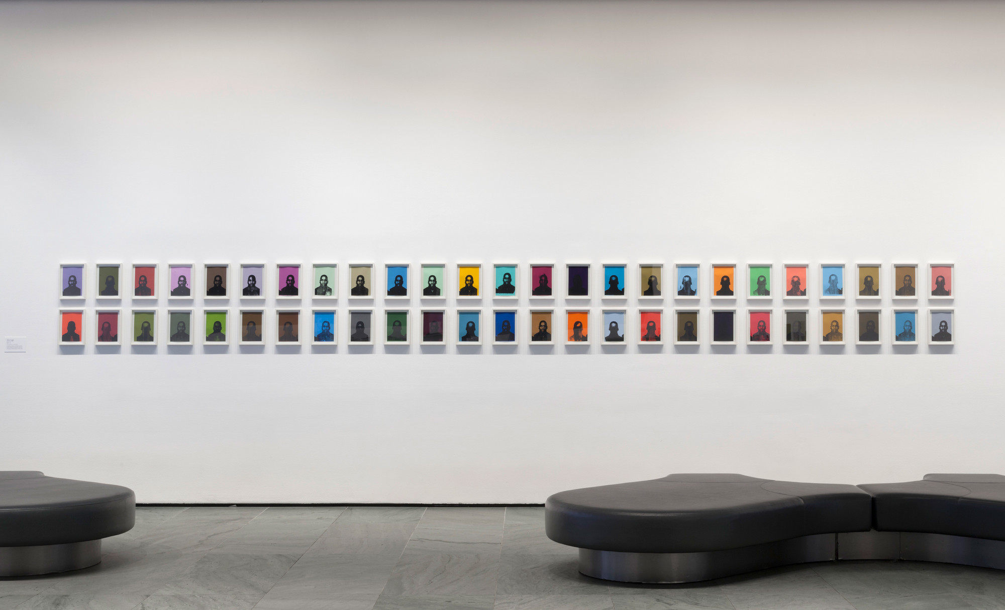 Installation view of Inbox: Glenn Ligon. Shown: Glenn Ligon. Figure. 2001. Set of 50 screenprints, each: 9 × 6″ (22.9 × 15.2 cm). Acquired through the generosity of the Contemporary Arts Council of The Museum of Modern Art, Committee on Drawings and Prints Fund and Lonti Ebers. © 2017 Glenn Ligon. Photo: John Wronn
