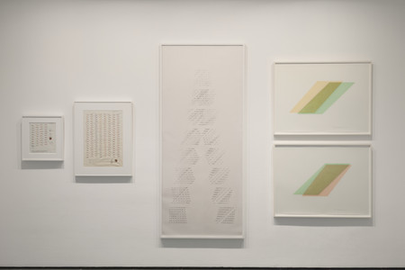 Channa Horwitz. From left: Sonakinatography I Movement #III for Multi-media. 1969. Casein and ink on graph paper. The Modern Women’s Fund, 2016; Sonakinatography Movement #II Sheet B 1st Variation. 1969. Casein and pencil on graph paper. The Modern Women’s Fund, 2016; Slices, Top to Bottom. 1975. Ink on Mylar. Gifts of the artist’s estate, 2016. Rhythm of Lines 8–7. 1988. Casein and 23-karat gold leaf on Mylar. Gifts of the artist’s estate, 2016. Rhythm of Lines 6–8. 1988. Casein and 23-karat gold leaf on Mylar. Gifts of the artist’s estate, 2016. Digital image © 2016 The Museum of Modern Art
