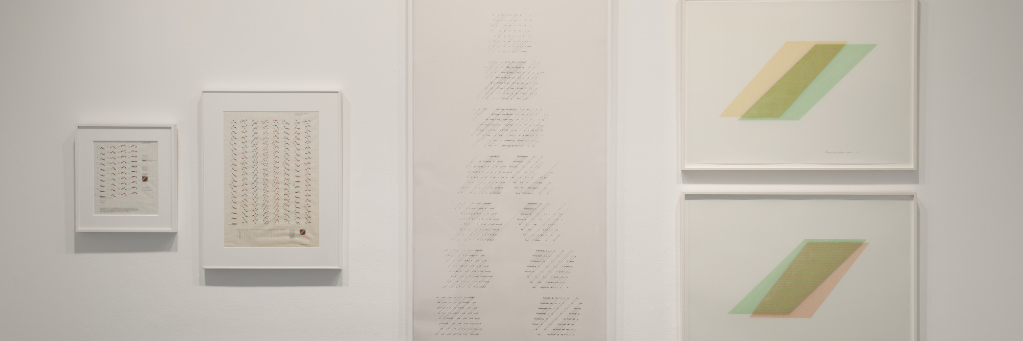 Channa Horwitz. From left: Sonakinatography I Movement #III for Multi-media. 1969. Casein and ink on graph paper. The Modern Women’s Fund, 2016; Sonakinatography Movement #II Sheet B 1st Variation. 1969. Casein and pencil on graph paper. The Modern Women’s Fund, 2016; Slices, Top to Bottom. 1975. Ink on Mylar. Gifts of the artist’s estate, 2016. Rhythm of Lines 8–7. 1988. Casein and 23-karat gold leaf on Mylar. Gifts of the artist’s estate, 2016. Rhythm of Lines 6–8. 1988. Casein and 23-karat gold leaf on Mylar. Gifts of the artist’s estate, 2016. Digital image © 2016 The Museum of Modern Art