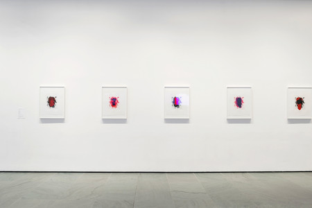 Installation view of Inbox: Christopher Wool. Shown: Christopher Wool (American, born 1955). Portraits (red). 2014. Portfolio of six lithographs, composition (each): 19 × 14 1/2″ (48.2 × 36.8 cm); sheet (each): 27 × 22 1/2″ (68.6 × 57.2 cm). Publisher: Universal Limited Art Editions, Bay Shore, NY. Printer: Universal Limited Art Editions, Bay Shore, NY. Edition: 28. Acquired through the generosity of Mary M. and Sash A. Spencer. © 2015 Christopher Wool. Photo: John Wronn
