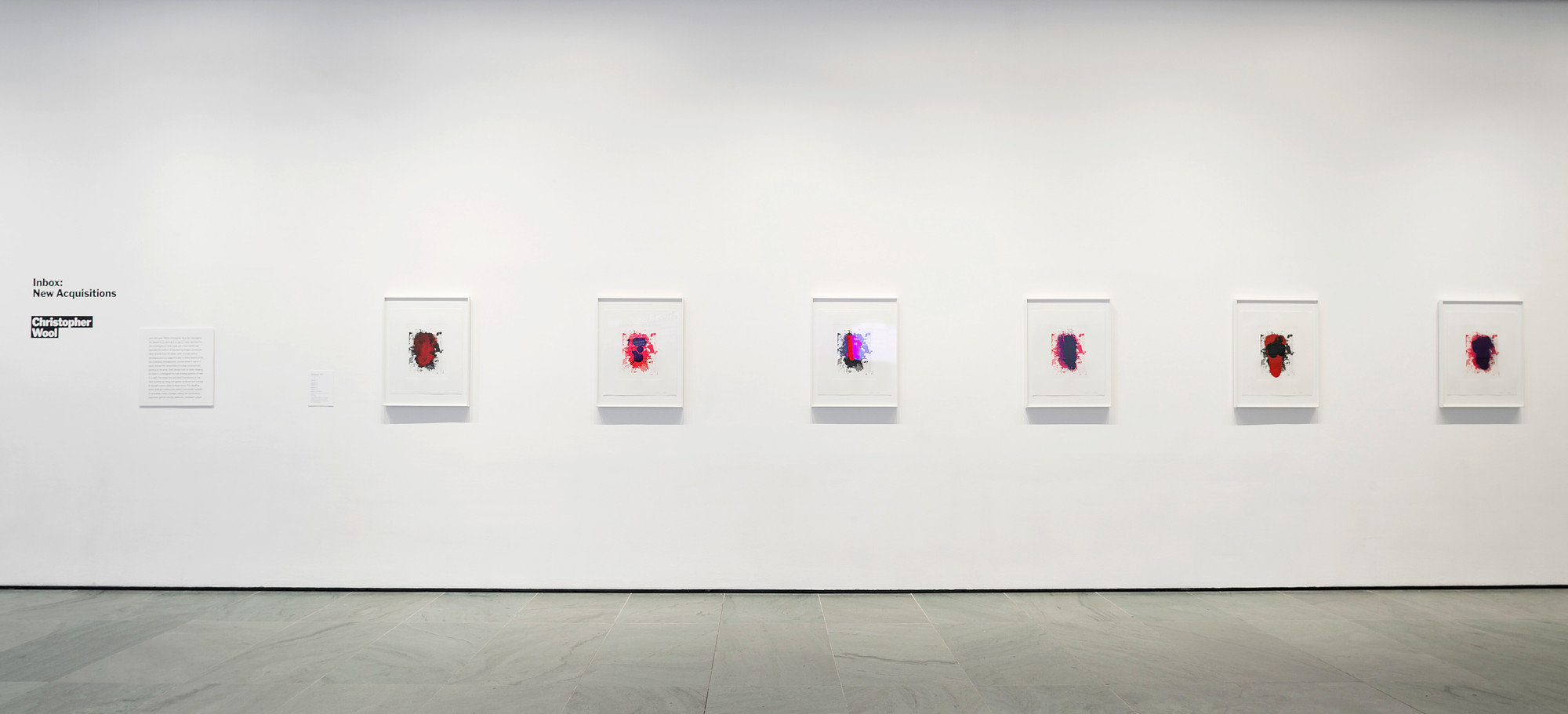 Installation view of Inbox: Christopher Wool. Shown: Christopher Wool (American, born 1955). Portraits (red). 2014. Portfolio of six lithographs, composition (each): 19 × 14 1/2″ (48.2 × 36.8 cm); sheet (each): 27 × 22 1/2″ (68.6 × 57.2 cm). Publisher: Universal Limited Art Editions, Bay Shore, NY. Printer: Universal Limited Art Editions, Bay Shore, NY. Edition: 28. Acquired through the generosity of Mary M. and Sash A. Spencer. © 2015 Christopher Wool. Photo: John Wronn
