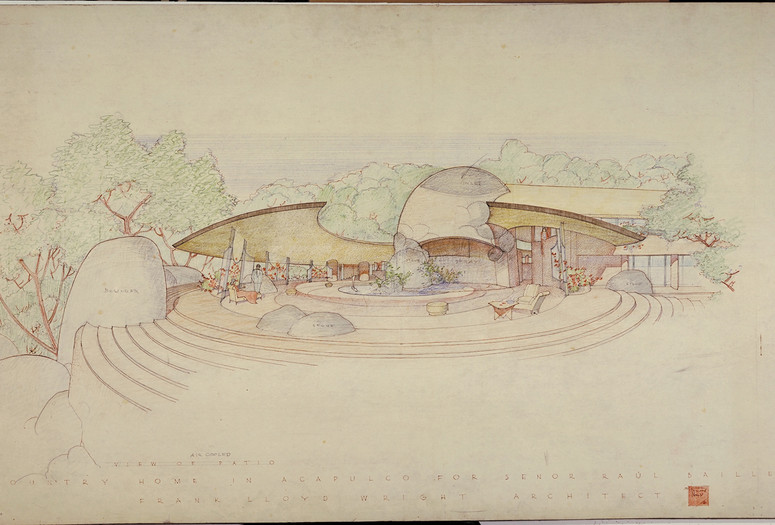 Frank Lloyd Wright. Raul Bailleres House (Acapulco, Mexico). Unbuilt project. 1952. Brown ink, pencil, and color pencil on tracing paper, 31 3/4 x 52 7/8″ (80.6 × 134.3 cm). The Frank Lloyd Wright Foundation Archives (The Museum of Modern Art | Avery Architectural & Fine Arts Library, Columbia University, New York)