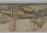 Frank Lloyd Wright. Fallingwater (Kaufmann House), Mill Run, Pennsylvania. 1934–37. Perspective from the south. Pencil and colored pencil on paper, 15 3/8 × 25 1/4″ (39.1 × 64.1 cm). The Frank Lloyd Wright Foundation Archives (The Museum of Modern Art | Avery Architectural &amp; Fine Arts Library, Columbia University, New York)