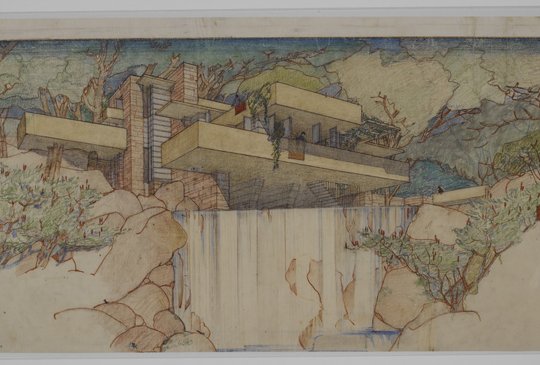 Frank Lloyd Wright. Fallingwater (Kaufmann House), Mill Run, Pennsylvania. 1934–37. Perspective from the south. Pencil and colored pencil on paper, 15 3/8 × 25 1/4″ (39.1 × 64.1 cm). The Frank Lloyd Wright Foundation Archives (The Museum of Modern Art | Avery Architectural & Fine Arts Library, Columbia University, New York)