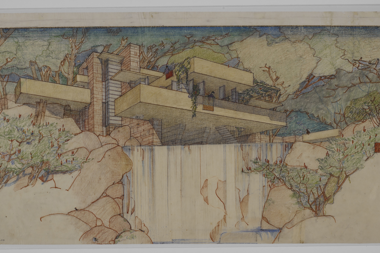 Frank Lloyd Wright. Fallingwater (Kaufmann House), Mill Run, Pennsylvania. 1934–37. Perspective from the south. Pencil and colored pencil on paper, 15 3/8 × 25 1/4″ (39.1 × 64.1 cm). The Frank Lloyd Wright Foundation Archives (The Museum of Modern Art | Avery Architectural & Fine Arts Library, Columbia University, New York)