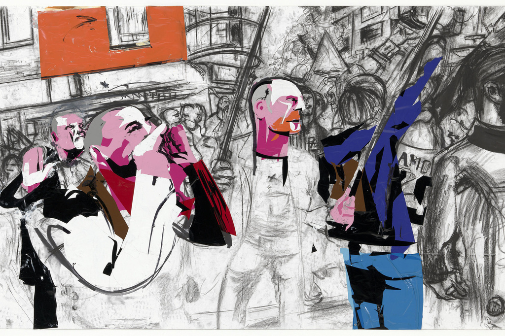 Erik van Lieshout. Untitled. 2014. Conté crayon, synthetic polymer paint, felt-tip pen, and vinyl on paper, 59 × 107 7/8″ (149.9 × 274 cm). The Museum of Modern Art, New York. Acquired through the generosity of The Contemporary Drawing and Print Associates of The Museum of Modern Art in memory of Riva Castleman. © 2017 Erik van Lieshout