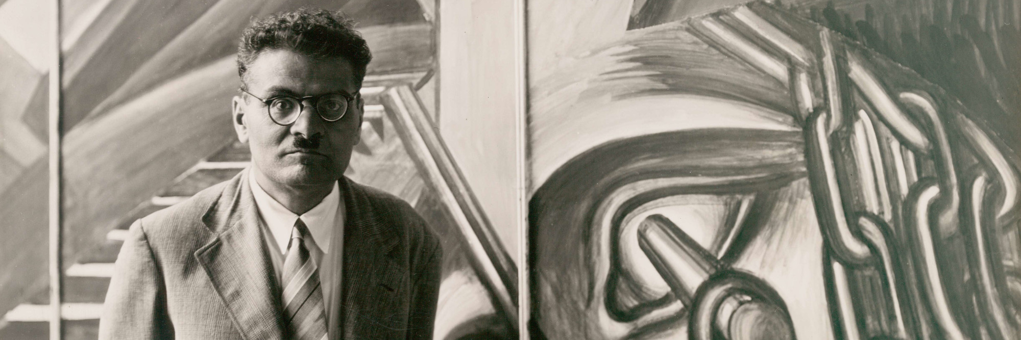 José Clemente Orozco with his fresco "Dive Bomber and Tank," commissioned by MoMA during the exhibition "Twenty Centuries of Mexican Art," May 15–September 30, 1940. Photographic Archive. The Museum of Modern Art Archives, New York