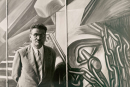 José Clemente Orozco with his fresco &#34;Dive Bomber and Tank,&#34; commissioned by MoMA during the exhibition &#34;Twenty Centuries of Mexican Art,&#34; May 15–September 30, 1940. Photographic Archive. The Museum of Modern Art Archives, New York