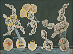Max Ernst. The Gramineous Bicycle Garnished with Bells the Dappled Fire Damps and the Echinoderms Bending the Spine to Look for Caresses (La Biciclette graminée garnie de grelots les grisons grivelés et les échinodermes courbants l&#39;échine pour quêter des caresses). c. 1921. Gouache, ink, and pencil on printed paper on paperboard, 29 1/4 x 39 1/4&#34; (74.3 x 99.7 cm). The Museum of Modern Art, New York. Purchase, 1937. © 2017 Artists Rights Society (ARS), New York/ADAGP, Paris. Photo: Robert Gerhardt