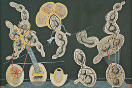 Max Ernst. The Gramineous Bicycle Garnished with Bells the Dappled Fire Damps and the Echinoderms Bending the Spine to Look for Caresses (La Biciclette graminée garnie de grelots les grisons grivelés et les échinodermes courbants l&#39;échine pour quêter des caresses). c. 1921. Gouache, ink, and pencil on printed paper on paperboard, 29 1/4 x 39 1/4&#34; (74.3 x 99.7 cm). The Museum of Modern Art, New York. Purchase, 1937. © 2017 Artists Rights Society (ARS), New York/ADAGP, Paris. Photo: Robert Gerhardt