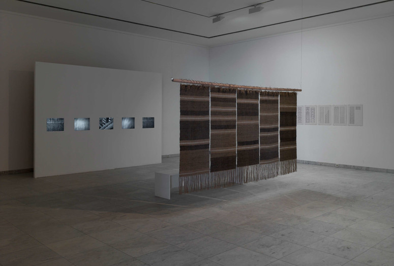 Beryl Korot. Text and Commentary. 1976–77. Five-channel video (black and white, sound, 30 min.), weavings, and pictographic video notations. The Museum of Modern Art, New York. Committee on Media and Performance Art Funds. © 2017 Beryl Korot