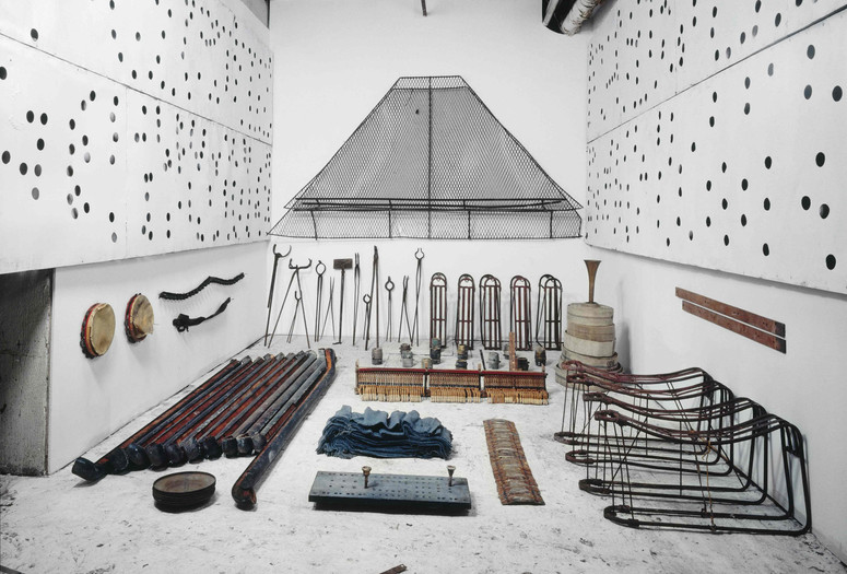 Terry Adkins. Assembly. 1994/97. Arrangement of materials retrieved from 68 Jay Street. Installation view, The William Benton Museum of Art, University of Connecticut, Storrs. Courtesy the Estate of Terry Adkins. Photo: Peter Bellamy. © Estate of Terry Adkins