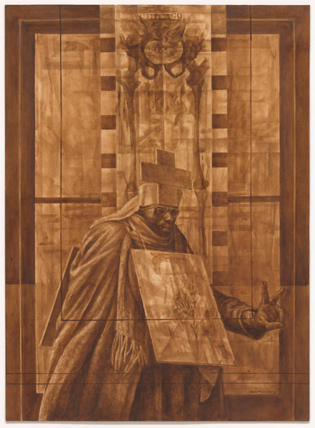 Charles White. Black Pope (Sandwich Board Man). 1973. Oil wash on board, 60 × 43 7/8&#34; (152.4 × 111.4 cm). Richard S. Zeisler Bequest (by exchange), The Friends of Education of The Museum of Modern Art, Committee on Drawings Fund, Dian Woodner, and Agnes Gund. © 2017 The Charles White Archives