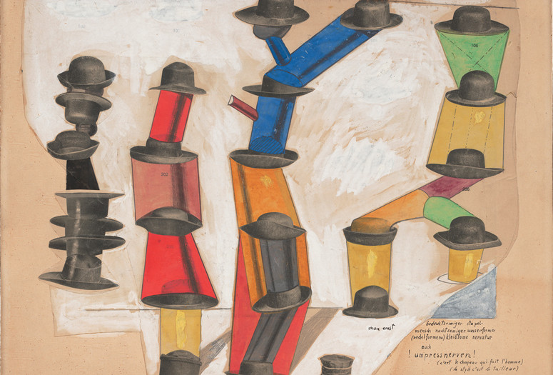 Max Ernst. The Hat Makes the Man (C’est le chapeau qui fait l’homme). 1920. Gouache, pencil, oil, and ink on cut and pasted printed paper on paper, 13 7/8 x 17 3/4″ (35.2 x 45.1 cm). The Museum of Modern Art, New York. Purchase, 1935. Photo: Paige Knight. © 2017 Artists Rights Society (ARS), New York/ADAGP, Paris