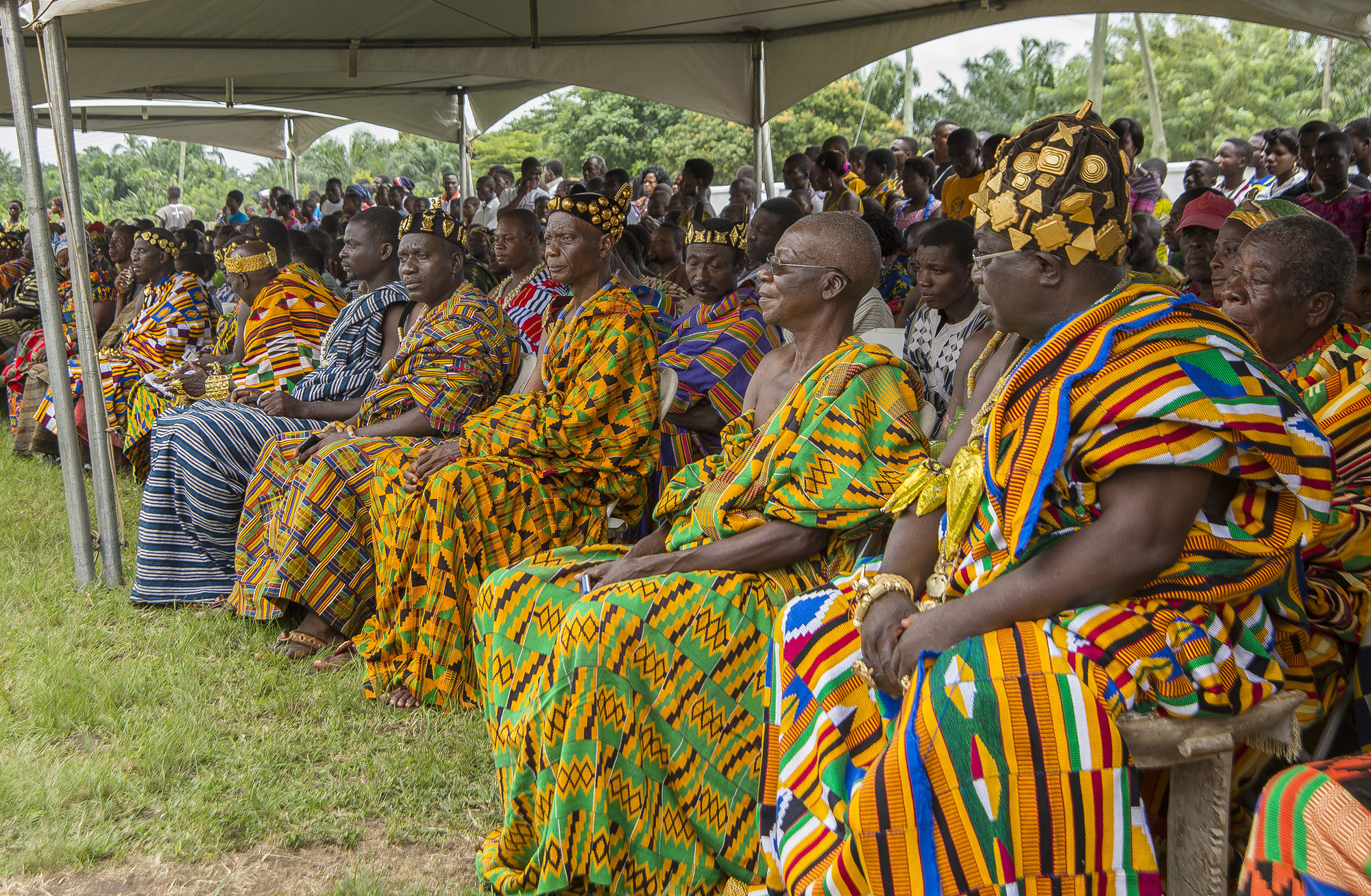 Chiefs of the Agotime Traditional Area during the Agotime Kente Festival wearing silk, cotton or rayon Kente cloth, Kpetoe, Volta Region, Ghana. Photographed by Philippe J. Kradolfer. Courtesy Philippe J. Kradolfer (Nene Dunenyo I)