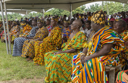 Chiefs of the Agotime Traditional Area during the Agotime Kente Festival wearing silk, cotton or rayon Kente cloth, Kpetoe, Volta Region, Ghana. Photographed by Philippe J. Kradolfer. Courtesy Philippe J. Kradolfer (Nene Dunenyo I)