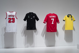 Unknown designer. Football shirt. Designed 1958, reproduced 2017. Cotton jersey. Manufactured by Toffs (England, founded 1990). Purchased for the exhibition. Image taken during installation of Items: Is Fashion Modern?