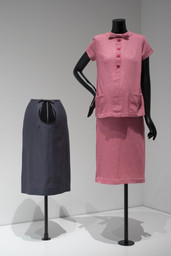 Unknown designer. Maternity top and tie-waist skirt c. 1965. Synthetic. Purchased for the exhibition. Image taken during installation of Items: Is Fashion Modern?  Maternity top and tie-waist skirt c. 1965. Synthetic. Purchased for the exhibition. Image taken during installation of Items: Is Fashion Modern?