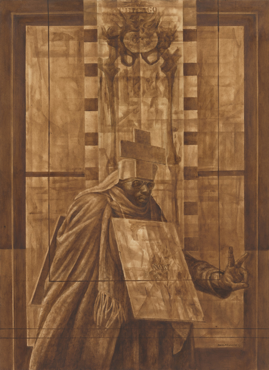 Charles White (American, 1918-1979). Black Pope (Sandwich Board Man), 1973. Oil wash on board. 60 × 43 7/8 in. (152.4 × 111.4 cm). The Museum of Modern Art, New York. Richard S. Zeisler Bequest (by exchange), The Friends of Education of The Museum of Modern Art, Committee on Drawings Fund, Dian Woodner, and Agnes Gund. © 2017 The Charles White Archives