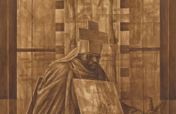 Charles White (American, 1918-1979). Black Pope (Sandwich Board Man), 1973. Oil wash on board. 60 × 43 7/8 in. (152.4 × 111.4 cm). The Museum of Modern Art, New York. Richard S. Zeisler Bequest (by exchange), The Friends of Education of The Museum of Modern Art, Committee on Drawings Fund, Dian Woodner, and Agnes Gund. © 2017 The Charles White Archives
