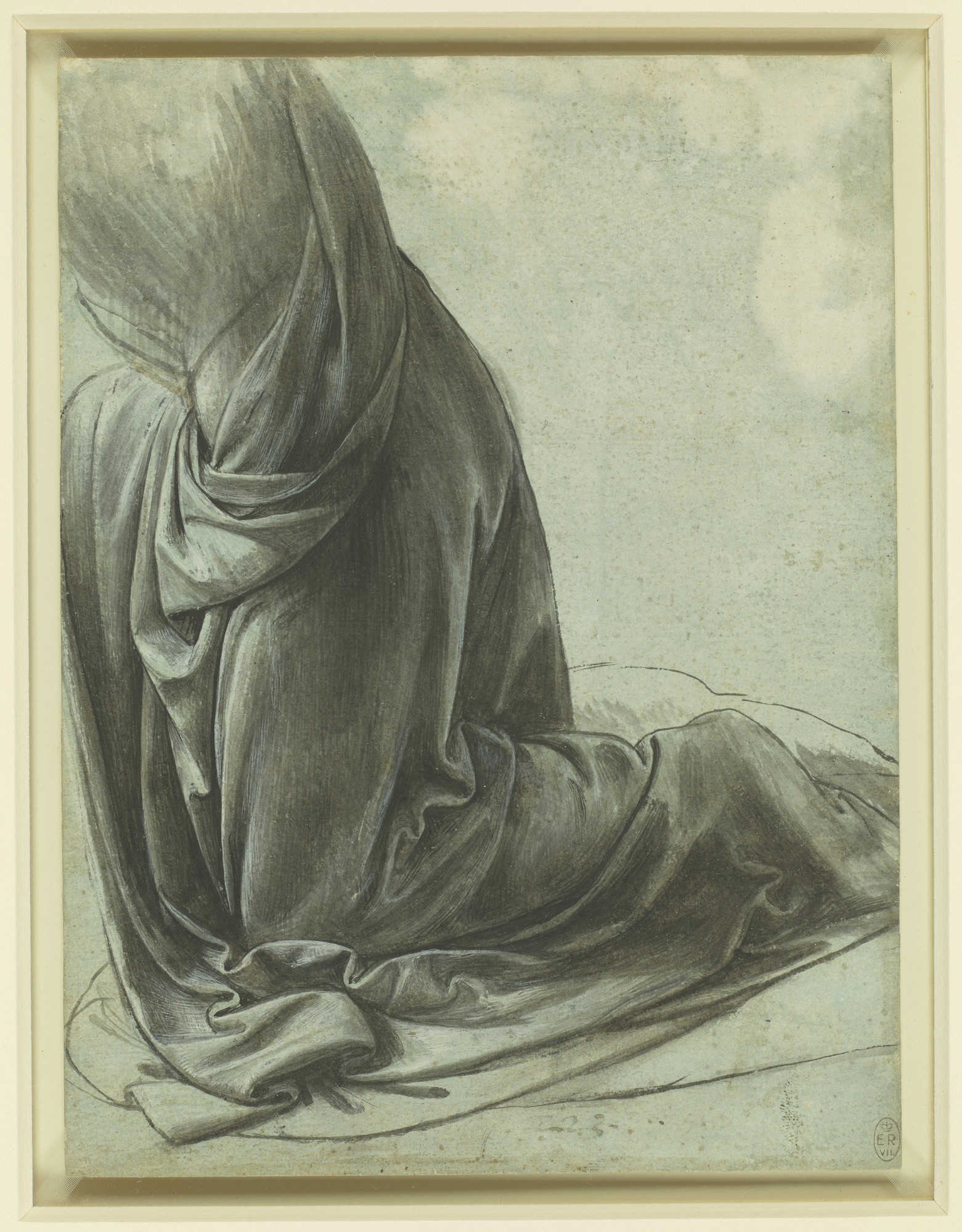 Leonardo da Vinci (Italian, 1452-1519). _The drapery of a kneeling figure,_ c. 1491-1494. Brush and black ink with white heightening on pale blue prepared paper. 8 3/8 × 6 1/4 in. (21.3 × 15.9 cm). The Royal Collectin/HM Queen Elizabeth II. Photo: Royal Collection Trust/© Her Majesty Queen Elizabeth II 2017