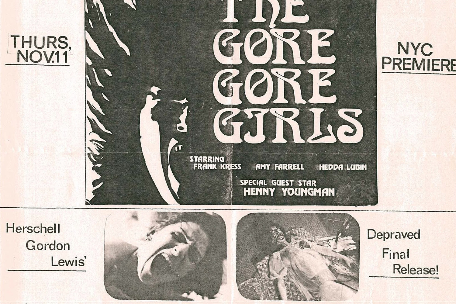 Flyer for a Club 57 screening of The Gore Gore Girls. 1972. USA. Directed by Herschell Gordon Lewis