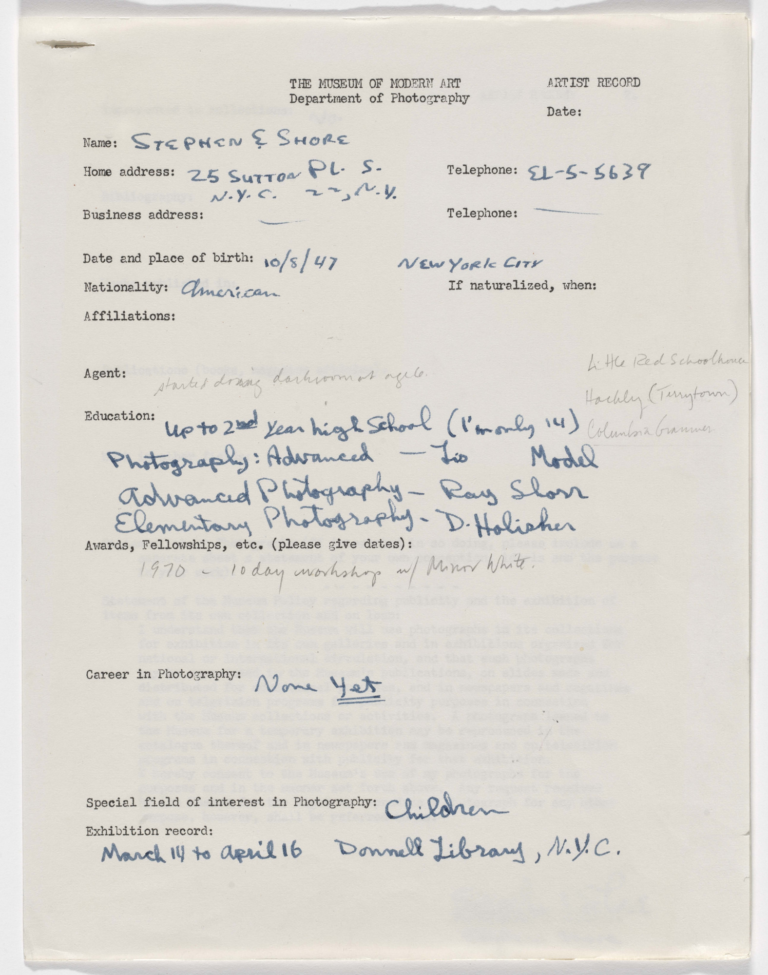 Stephen Shore’s artist record, 1962. The Museum of Modern Art Library, New York