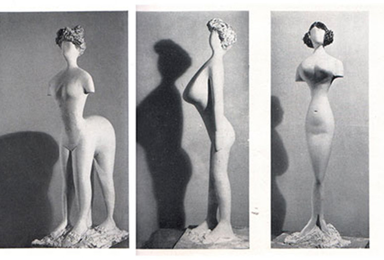 Plaster figures designed by Bernard Rudofsky and modeled by Constantin Nivola, showing a woman’s body as it would have appeared had it fitted into the clothes of four fashion periods. In the exhibition Are Clothes Modern?, The Museum of Modern Art, November 28, 1944–March 4, 1945. The Museum of Modern Art Archives, Photographic Archive. Photo: Soichi Sunami