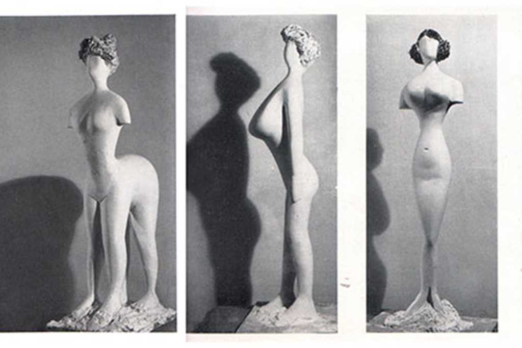 Plaster figures designed by Bernard Rudofsky and modeled by Constantin Nivola, showing a woman’s body as it would have appeared had it fitted into the clothes of four fashion periods. In the exhibition Are Clothes Modern?, The Museum of Modern Art, November 28, 1944–March 4, 1945. The Museum of Modern Art Archives, Photographic Archive. Photo: Soichi Sunami