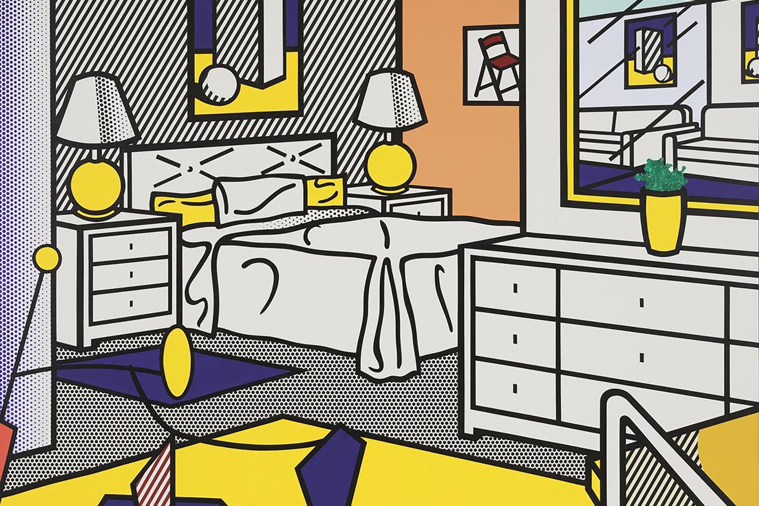 Roy Lichtenstein. Interior with Mobile. 1992. Oil and magna on canvas, 10′ 10″ x 14′ 3″ (330.2 x 434.4 cm). The Museum of Modern Art, NY. Enid A. Haupt Fund; gift of Agnes Gund, Jo Carole and Ronald S. Lauder, Michael and Judy Ovitz in honor of Roy and Dorothy Lichtenstein, and Anna Marie and Robert F. Shapiro. © Estate of Roy Lichtenstein