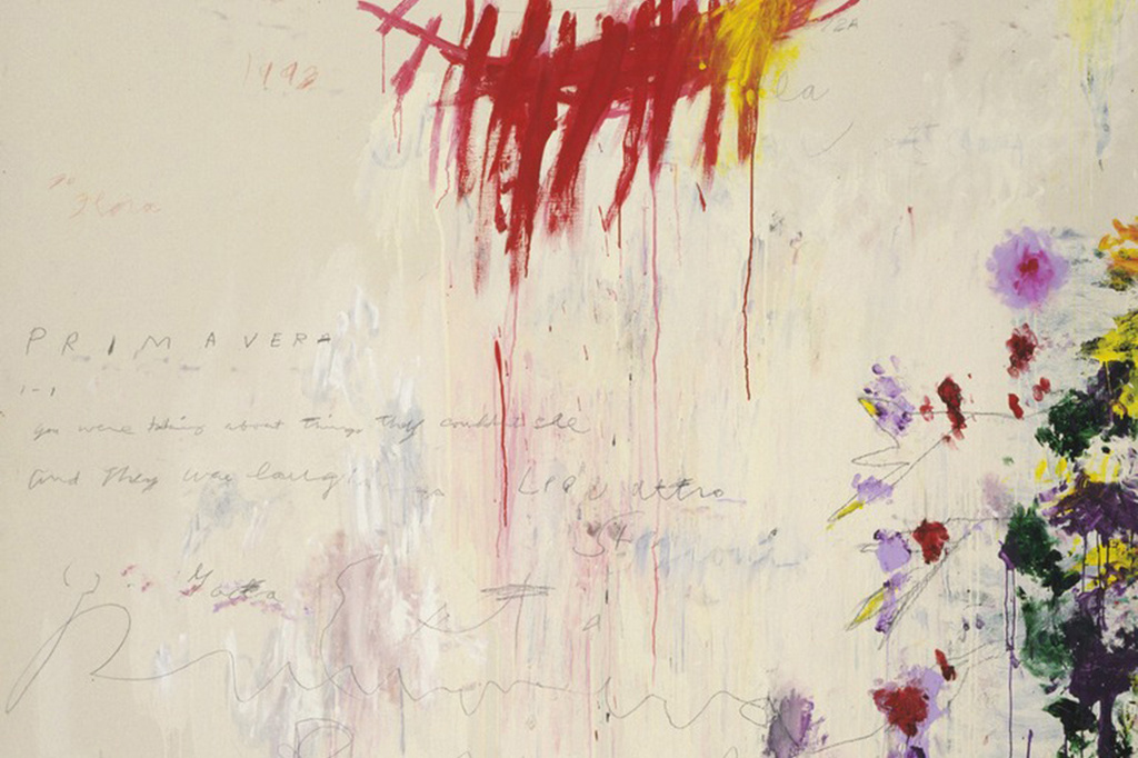 Cy Twombly. The Four Seasons: Spring, Summer, Autumn, and Winter. 1993–94. Synthetic polymer paint, oil, house paint, pencil, and crayon on four canvases. Spring 10' 3 1/8" x 6' 2 7/8" (312.5 x 190 cm); Summer 10' 3 3/4" x 6' 7 1/8" (314.5 x 201 cm); Autumn 10' 3 1/2" x 6' 2 3/4" (313.7 x 189.9 cm); Winter 10' 3 1/4" x 6' 2 7/8" (313 x 190.1 cm). The Museum of Modern Art, NY. Gift of the artist. © 2017 Cy Twombly Foundation