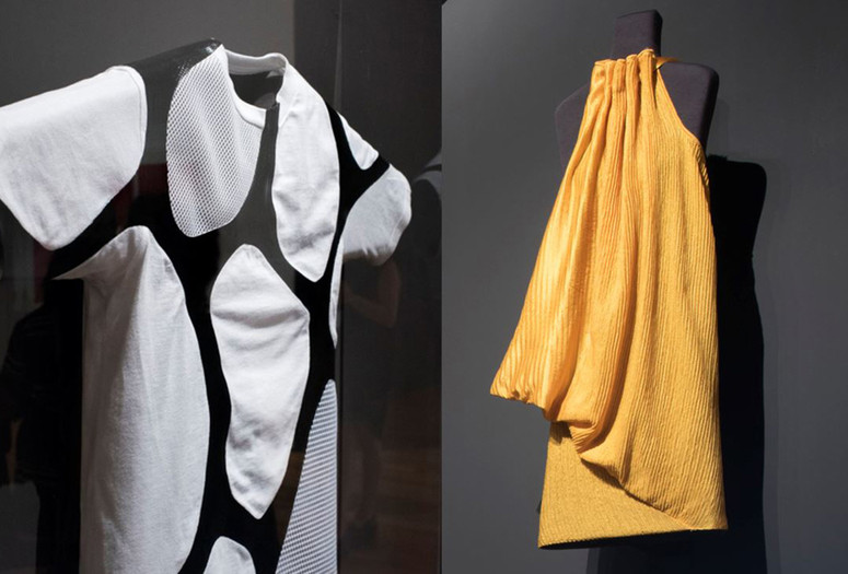 Installation views of Items: Is Fashion Modern. Shown, from left: Suzanne Lee, Amy Congdon, Modern Meadow (United States, founded 2011). Zoa. A new animal is born. 2017. Zoa biofabricated leather and cotton. Commissioned for Items: Is Fashion Modern?; Stella McCartney, Bolt Threads (United States, founded 2009). Dress. 2017. Manmade spider silk. Commissioned for Items: Is Fashion Modern?