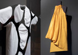 Installation views of Items: Is Fashion Modern. Shown, from left: Suzanne Lee, Amy Congdon, Modern Meadow (United States, founded 2011). Zoa. A new animal is born. 2017. Zoa biofabricated leather and cotton. Commissioned for Items: Is Fashion Modern?; Stella McCartney, Bolt Threads (United States, founded 2009). Dress. 2017. Manmade spider silk. Commissioned for Items: Is Fashion Modern?