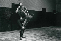 Peter Moore. Performance view of Trisha Brown and Steve Paxton in Brown’s Lightfall, Concert of Dance #4, January 30, 1963. © Barbara Moore/Licensed by VAGA, New York, NY. Courtesy Paula Cooper, New York