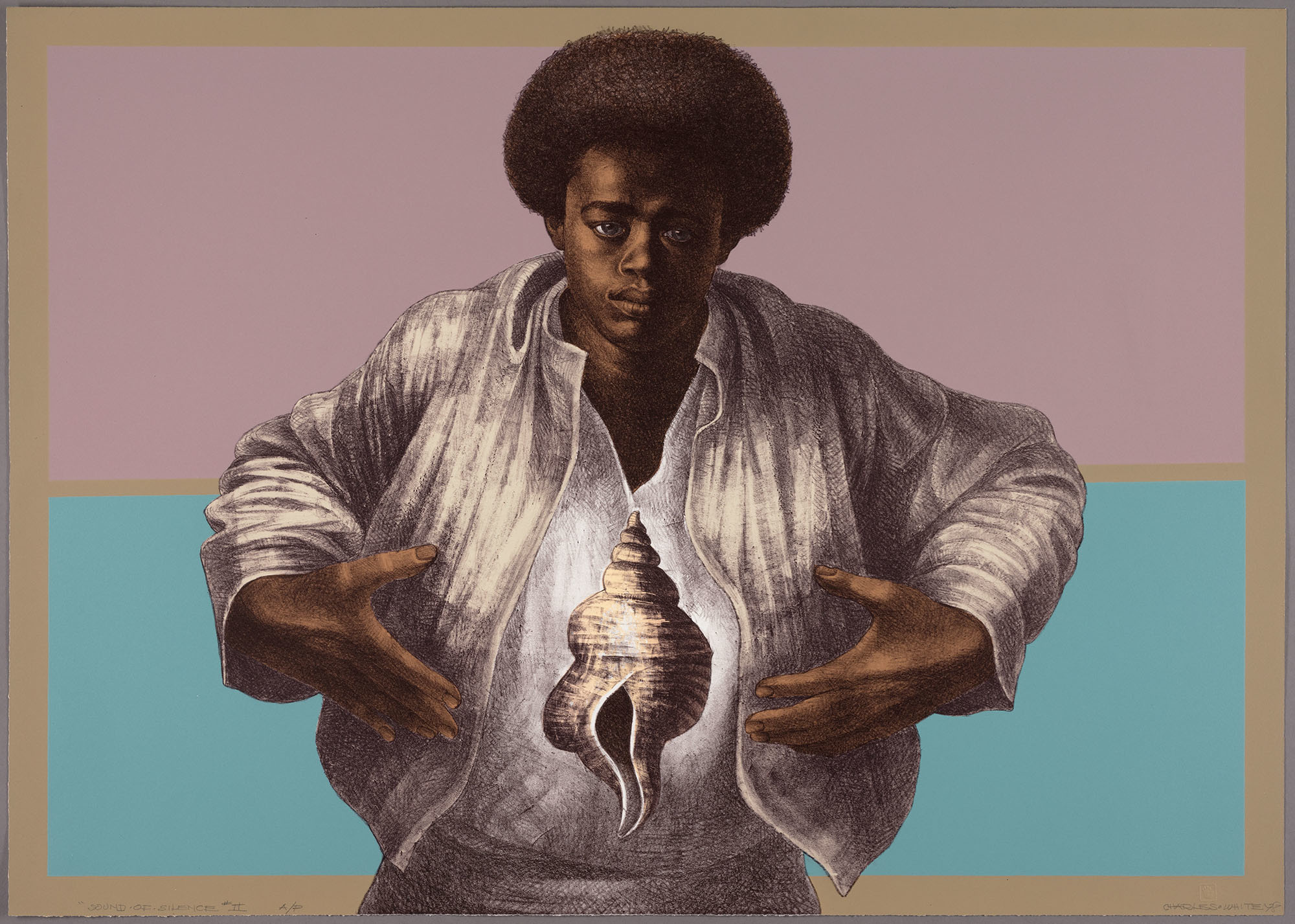 Charles White. Sound of Silence. 1978. Color lithograph on paper, 25 1/8 × 35 5/16" (63.8 × 89.7 cm). Publisher: Hand Graphics, Ltd. Printer: David Panosh. The Art Institute of Chicago. Margaret Fisher Fund. © 1978 The Charles White Archives