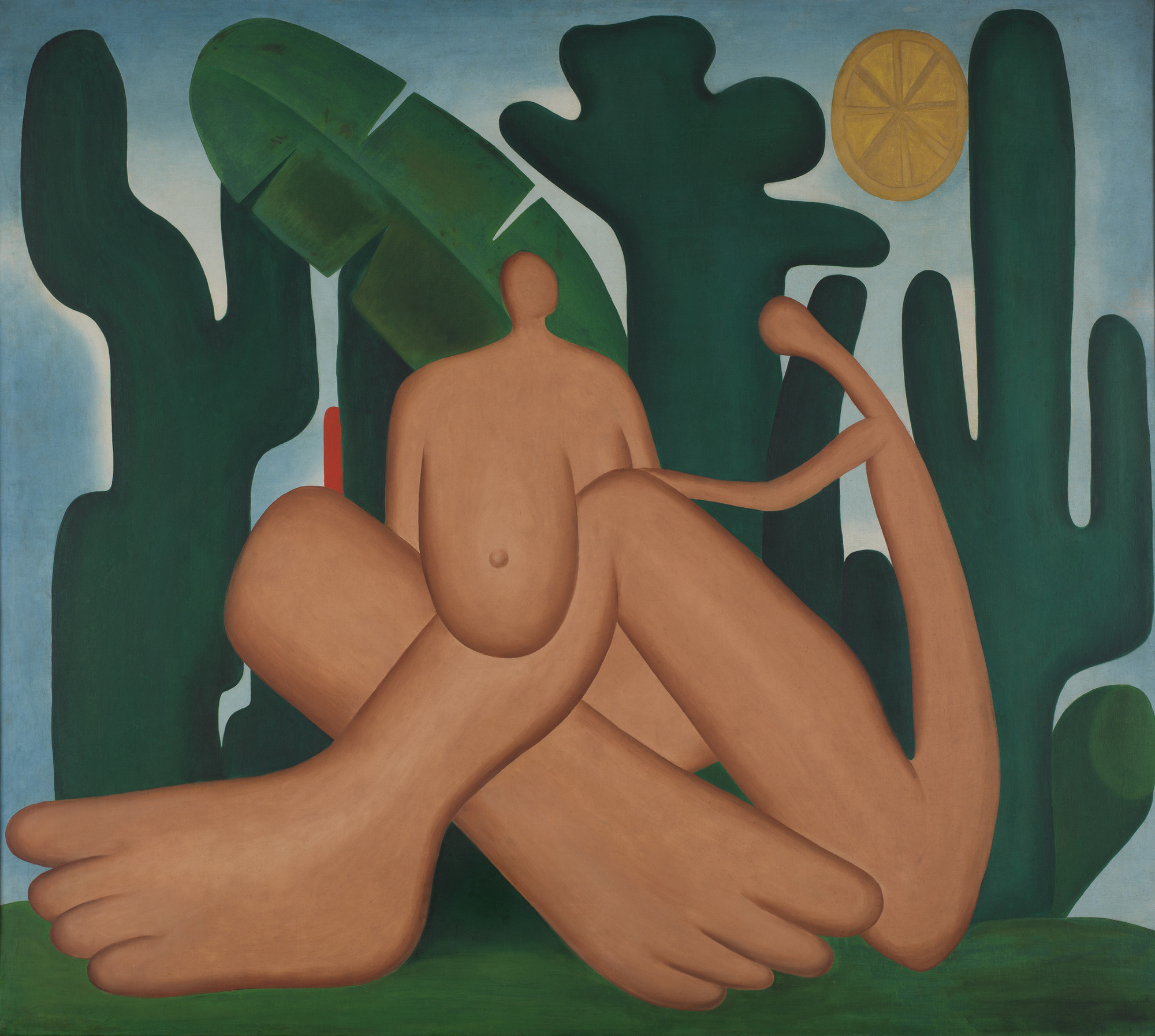 Tarsila do Amaral. _Anthropophagy (Antropofagia)_, 1929. Oil on canvas, 49 5/8 x 55 15/16 in. (126 x 142 cm). Acervo da Fundação Jose e Paulina Nemirovsky, em comodato com a Pinacoteca do Estado de São Paulo. © Tarsila do Amaral Licenciamentos.