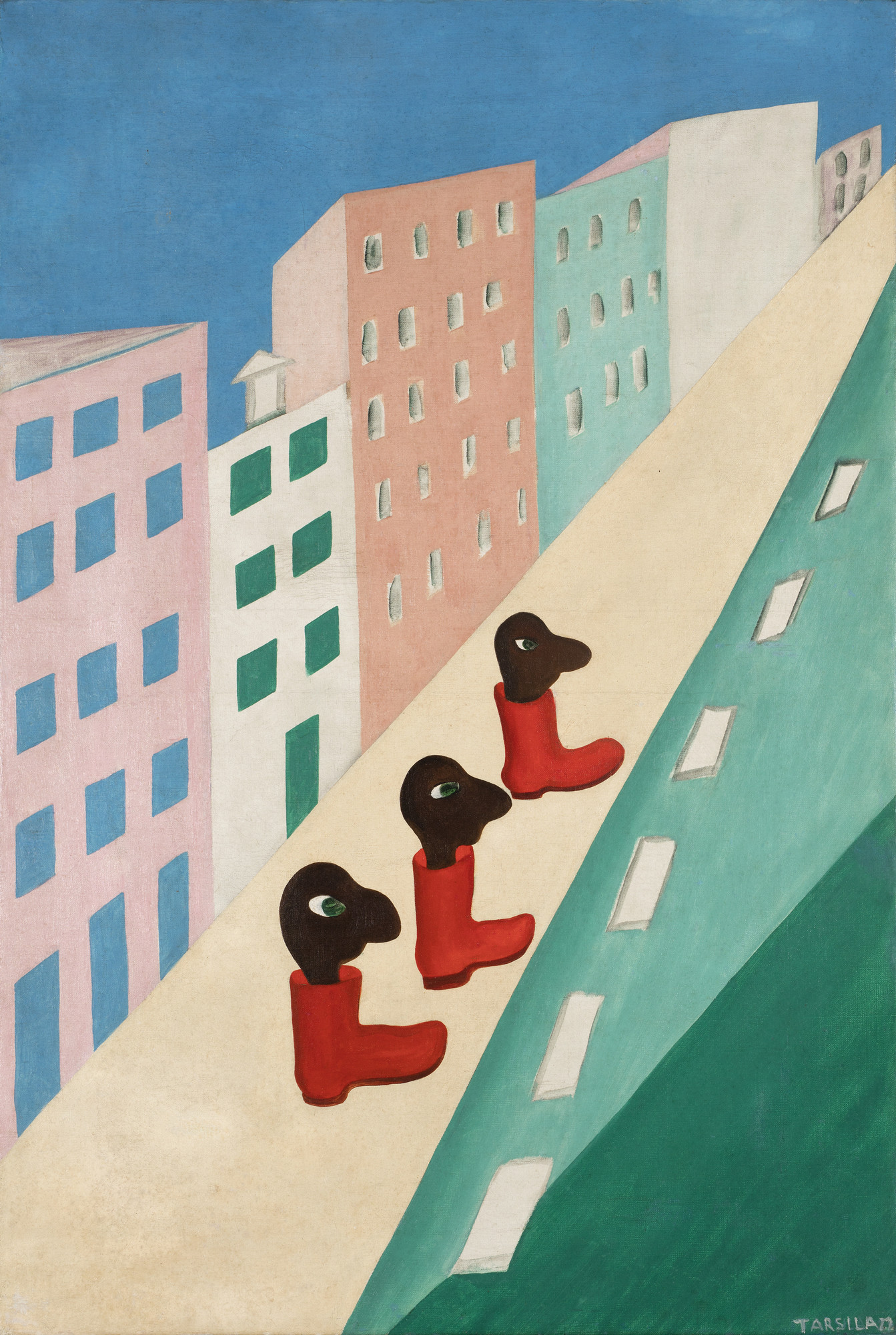 Tarsila do Amaral. _City (The Street)_, 1929. Oil on canvas, 31 7/8 × 21 1/4 in. (81 × 54 cm). Collection of Bolsa de Arte. © Tarsila do Amaral Licenciamentos