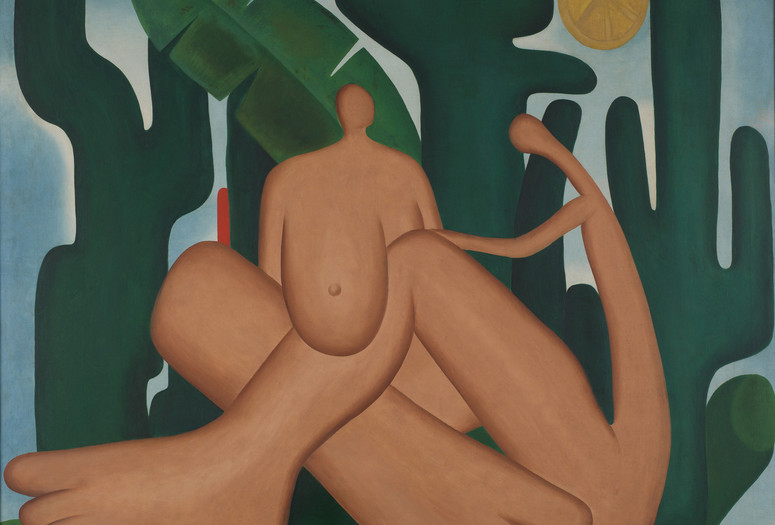 Tarsila do Amaral. Anthropogaphy (Antropofagia). 1929. Oil on canvas, 49 5/8 x 55 15/16″. Acervo da Fundação José e Paulina Nemirovsky, em comodato com a Pinacoteca do Estado de São Paulo. © Tarsila do Amaral Licenciamentos