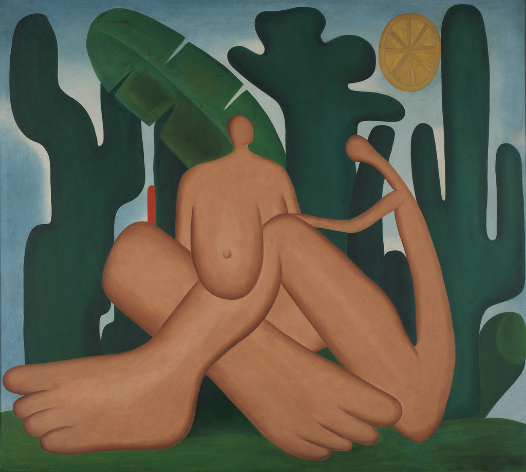 Tarsila do Amaral. Anthropogaphy (Antropofagia). 1929. Oil on canvas, 49 5/8 x 55 15/16″. Acervo da Fundação José e Paulina Nemirovsky, em comodato com a Pinacoteca do Estado de São Paulo. © Tarsila do Amaral Licenciamentos