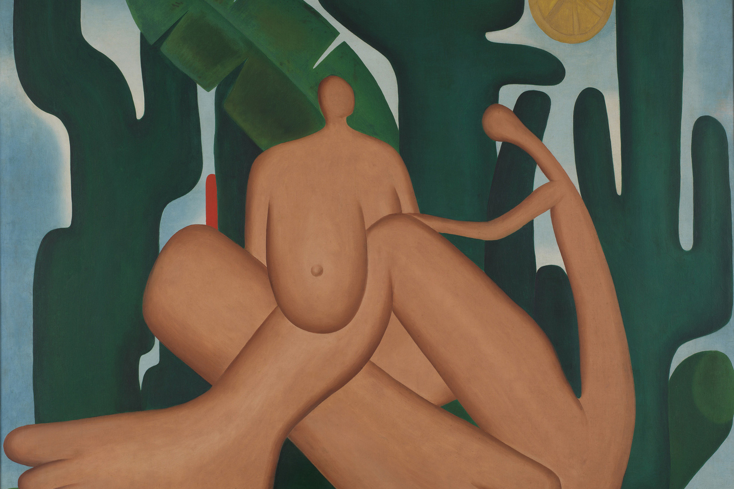 Tarsila do Amaral. Anthropogaphy (Antropofagia). 1929. Oil on canvas, 49 5/8 x 55 15/16″. Acervo da Fundação José e Paulina Nemirovsky, em comodato com a Pinacoteca do Estado de São Paulo. © Tarsila do Amaral Licenciamentos