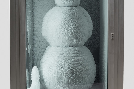 Peter Fischli and David Weiss. Snowman. 1987/2016. Copper, aluminum, glass, water, and coolant system, 85 7/8 x 50 3/8 x 65&#34; (218 x 128 x 165 cm). Courtesy Matthew Marks Gallery. © Peter Fischli and David Weiss