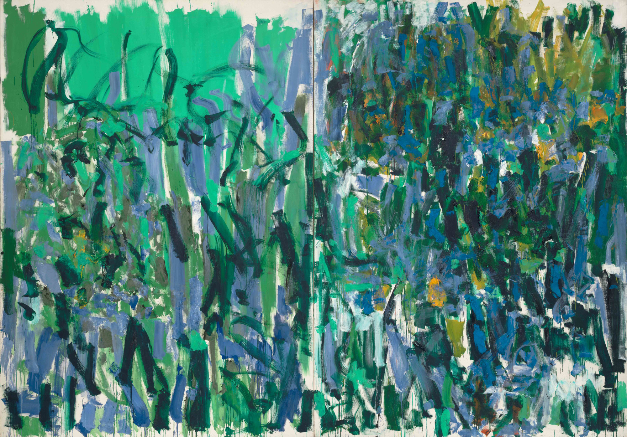 Joan Mitchell. <em>No Rain</em>. 1976. Oil on canvas, two panels. The Museum of Modern Art, New York. Gift of The Estate of Joan Mitchell. © Estate of Joan Mitchell