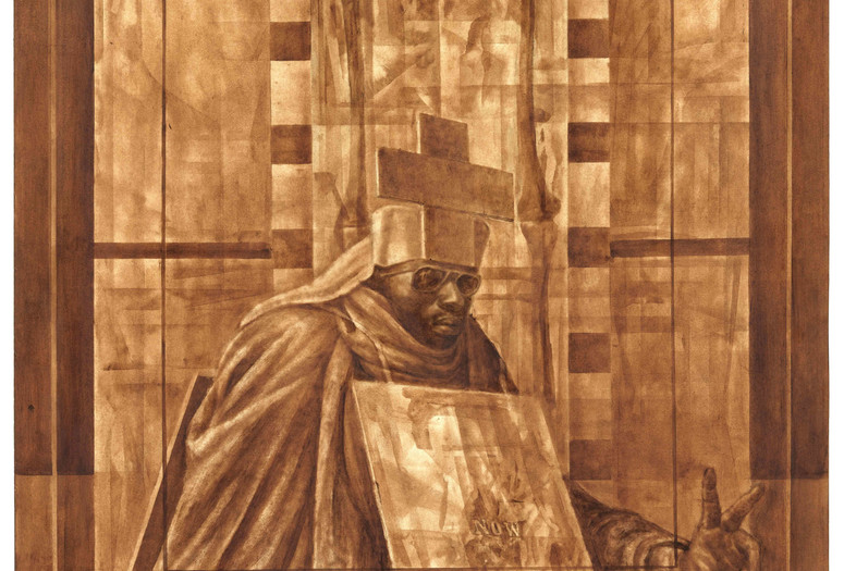 Charles White. Black Pope (Sandwich Board Man). 1973. Oil wash on board. 60 × 43 7/8″ (152.4 × 111.4 cm) The Museum of Modern Art, New York. Richard S. Zeisler Bequest (by exchange), The Friends of Education of The Museum of Modern Art, Committee on Drawings Fund, Dian Woodner, and Agnes Gund. © 1973 The Charles White Archives. Photo Credit: Jonathan Muzikar, The Museum of Modern Art Imaging Services