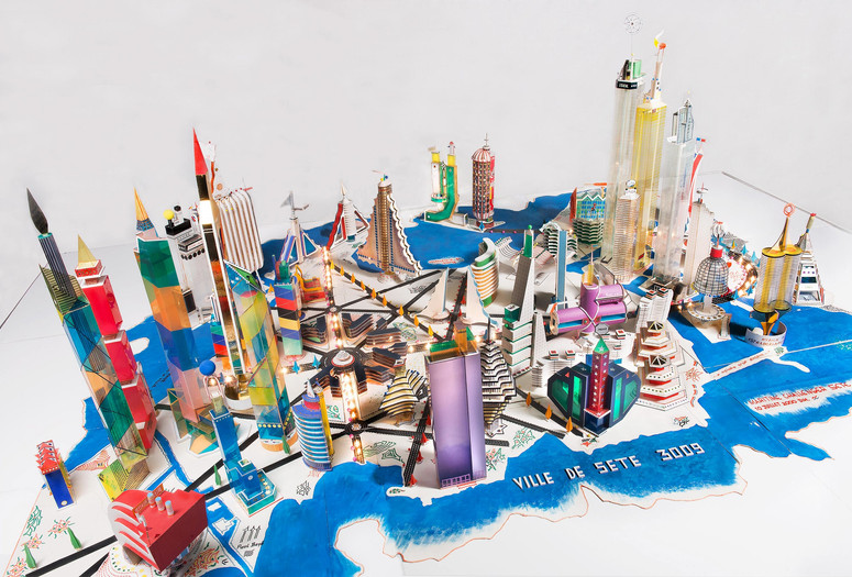 Bodys Isek Kingelez (Congolese, 1948-2015). Ville de Sète 3009. 2000. Paper, paperboard, plastic, and other various materials, 31 1/2 × 9′ 10 1⁄8″ × 6′ 10 11⁄16″ (80 × 300 × 210 cm). Collection Musée International des Arts Modestes (MIAM), Sète, France. © Pierre Schwartz ADAGP; courtesy Musée International des Arts Modestes (MIAM), Sète, France