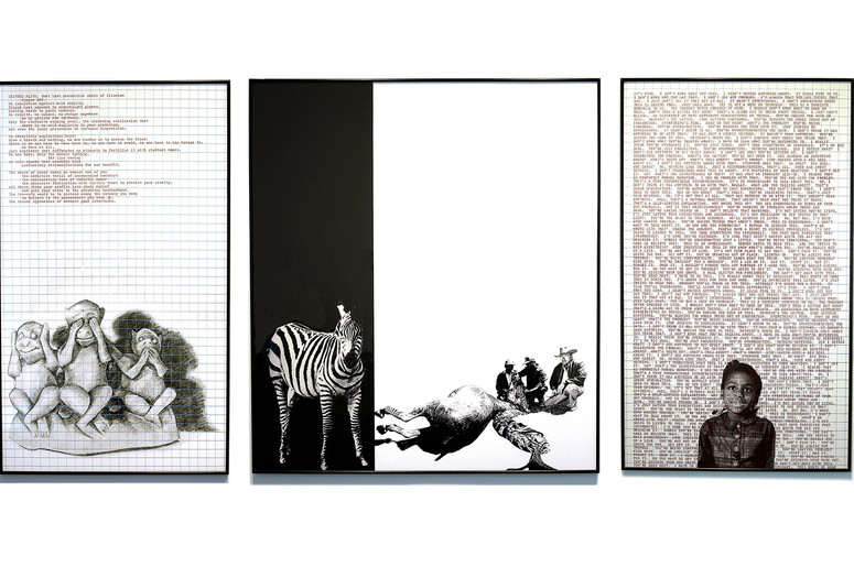 Adrian Piper. Decide Who You Are #1: Skinned Alive. 1992. Screenprinted images and text on three sheets of paper, mounted on foam core 72 × 42 in. (182.8 × 106.7 cm); 72 × 63 in. (182.8 × 160 cm); and 72 × 42 in. (182.8 × 106.7 cm). Collection Margaret and Daniel S. Loeb. © Adrian Piper Research Archive Foundation Berlin